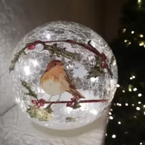 Image of Samuel Alexander - 20cm Festive Christmas Crackle Effect Glass Robin LED Light Ball