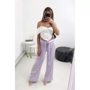 Image of I Saw It First Lilac Wide Leg Belted Satin Trousers - Purple