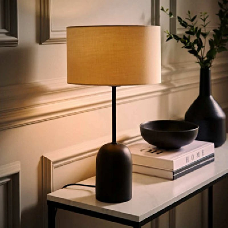 Image of ValueLights ValueLights Kaiden Black Dome Table Lamp with Fabric Drum Lamp Shade and Bulb in Cream Cream One Size Unisex 5059406070419