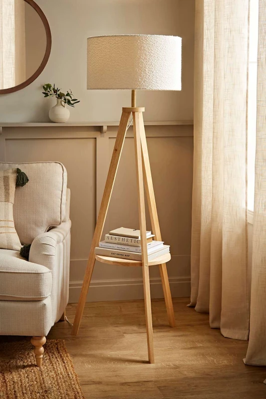 Image of ValueLights Morrigan Light Wood Tripod Floor with Boucle Shade Cream
