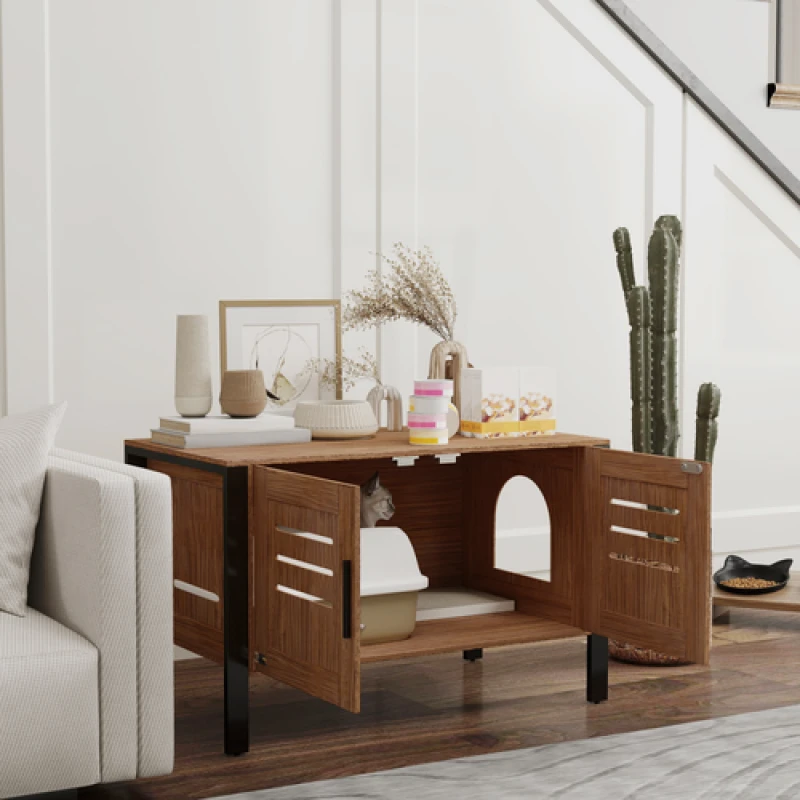 Image of PawHut Cat Litter Box Enclosure w/ Tall Legs, Scratching Board, Dark Brown, Brown D31-120V00DR