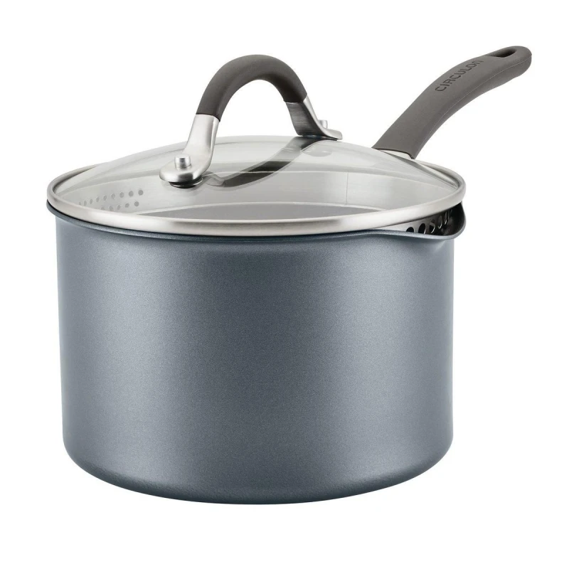 Image of Circulon ScratchDefense Extreme Non-Stick Straining Saucepan & Lid - 18cm Grey