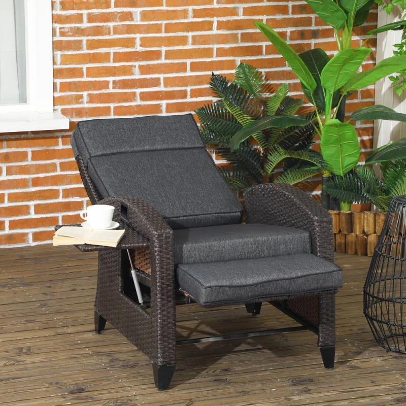 Image of Outsunny Outdoor Recliner Chair w/ Cushion Rattan Reclining Lounge Chair Dark Grey - Outsunny 5056725500764