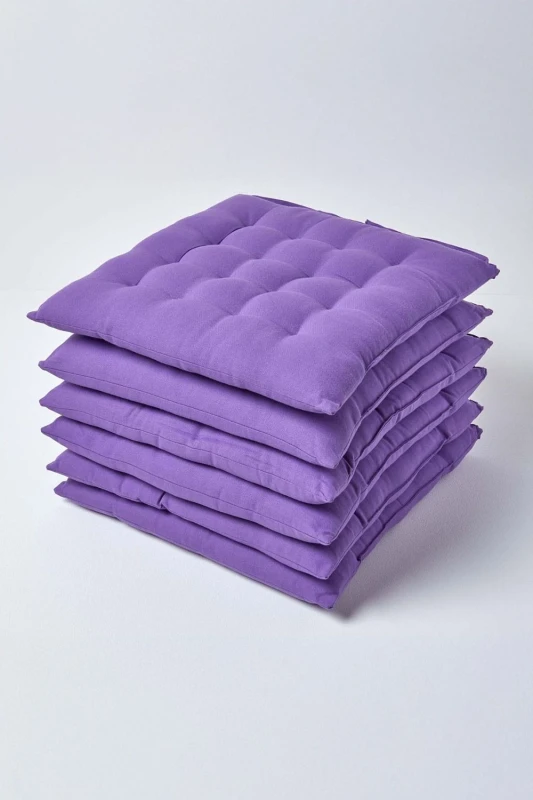 Image of Homescapes Purple Seat Pads 100% Cotton Chair Cushions 40X40 Cm, Set Of 6 Plain Chair Pads For Dining, Kitchen Or Garden Outdoor