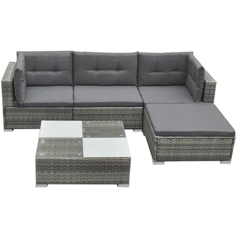Image of vidaXL Garden Lounge Set 5 Piece with Cushions Poly Rattan Grey Chaise Lounge