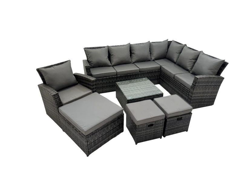 Image of Fimous 10 Seater Garden Sofa Coffee Table Set with Chair 3 Footstools in Dark Grey Dark Grey Unisex