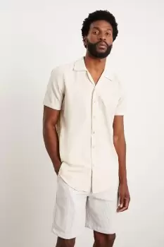 Image of Slim Fit Stone Short Sleeve Seersucker Revere Shirt