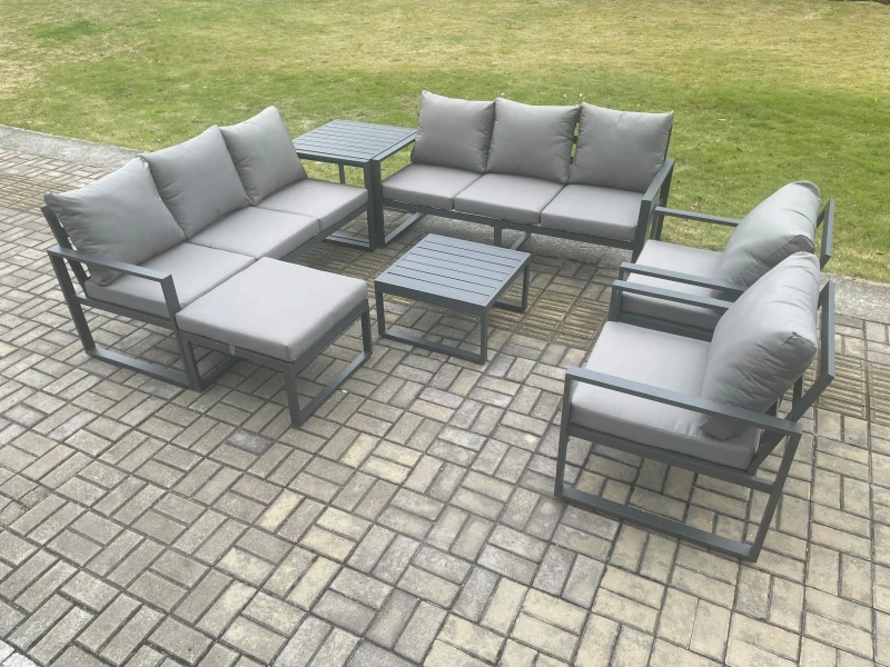 Image of Fimous Aluminium Patio Outdoor Garden Furniture Lounge Sofa Set with Square Coffee Table 2 Chairs Big Footstool Side Table Dark Grey Dark Grey Unisex