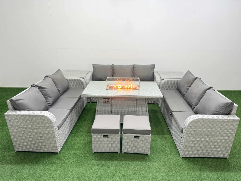 Image of Fimous PE Rattan Lounge Sofa Set 11 Seater Outdoor Garden Furniture Set with Firepit Dining Table 3 Seater Sofa 2 Stools 2 Side Table Light Grey Light