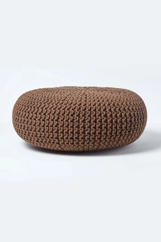 Image of Homescapes Chocolate Brown Large Round Cotton Knitted Pouffe Footstool