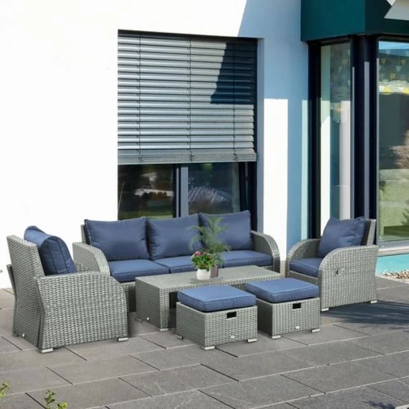 Image of Outsunny Outsunny 6pc Padded Outdoor Rattan Wicker 3-Seat Sofa Recliner Footstool Table