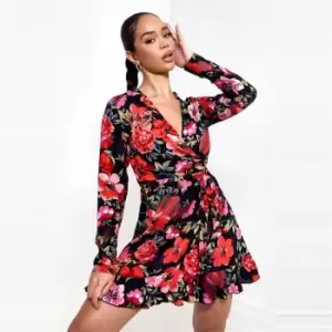Image of Missguided Ruffle Hem Wrap Tea Dress Ls Floral - Black