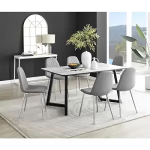 Image of Furniturebox UK - Furniturebox Carson White Marble Effect Rectangular 160cm Dining Table & 6 Grey Corona Faux Leather Dining Chairs with Silver Legs