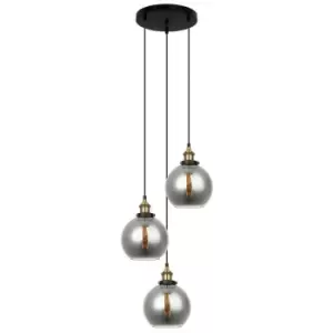 Image of Italux Cardena - Industrial And Retro Hanging Pendant Black, Gold 3 Light with Smoky Shade, E27 Dimmable