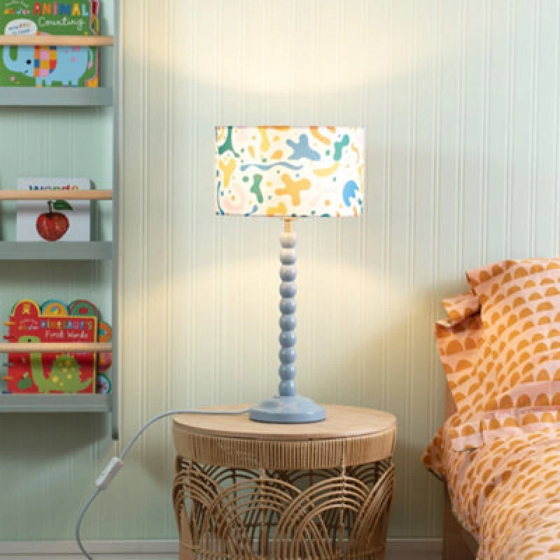 Image of ValueLights Bobbins Powder Blue Table Lamp with Abstract Shapes Drum Lamp Shade Multi