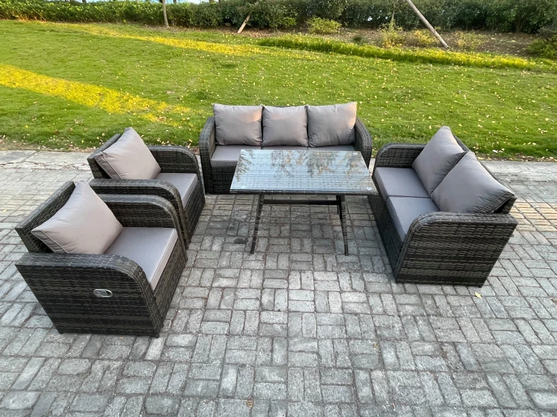 Image of Fimous 7 Seater High Back PE Rattan Sofa Set Outdoor Garden Furniture Dining Table Set With Reclining Chair 3 Seater Sofa Dark Grey
