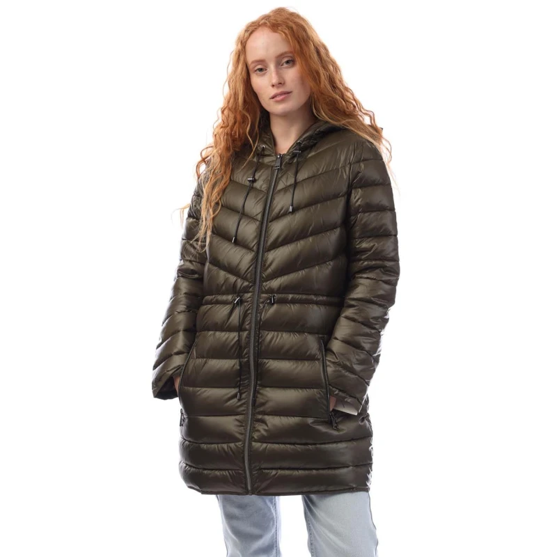 Image of DKNY Zip Front Puffer Jacket With Cinched Waist Grey Green female S