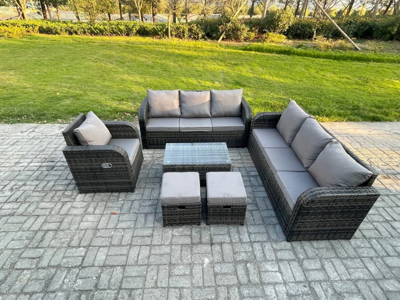 Image of Fimous 9 Seater Rattan Lounge Sofa Set Outdoor Garden Furniture Set with Rectangular Coffee Table 3 Seater Sofa 2 Small Footstools Dark Grey