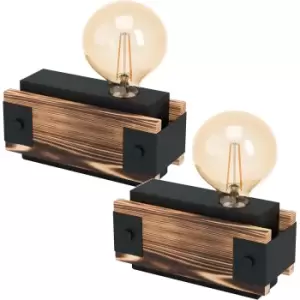 Image of 2 PACK Table Lamp Desk Light Black Steel & Wood Bedside Box 1x 16W E27