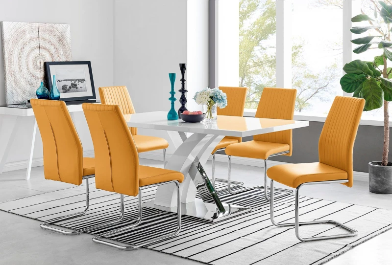 Image of FurnitureboxUK FurnitureboxUK Atlanta Modern Rectangle Chrome Metal High Gloss White Dining Table And 6 Lorenzo Chairs Set in Mustard Mustard One Size