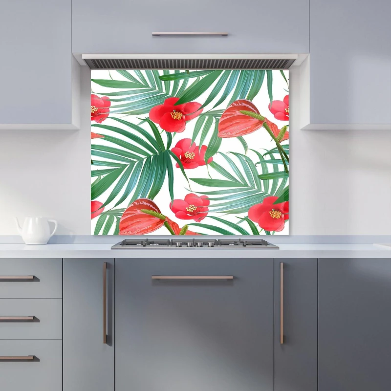 Image of Warren Reed - Designer Tropical Flowers, Palm Leaves Hawaiian Kitchen Splashback in Green Size: 900mm x 650mm Green Unisex 900mm x 650mm