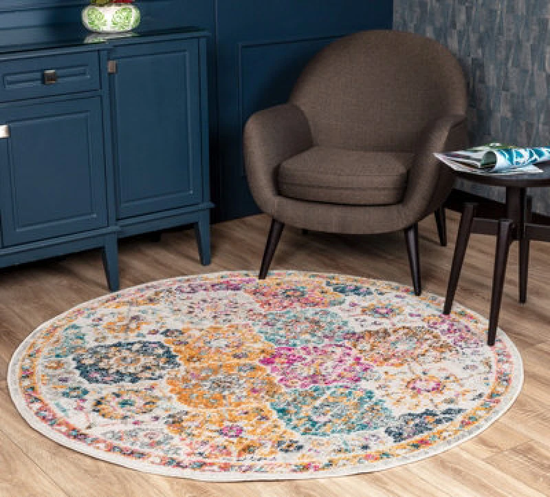 Image of Livabliss Round Vintage Oriental Boho Saffron/burnt Orange Ines Area Rug 160 X 160 Cm - Easy Care, Ideal For Living Room & Bedroom