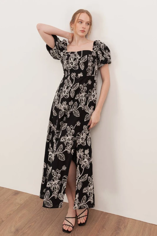 Image of Lovedrobe Womens Embroidered Short Sleeve Square Neck Midaxi Dress in Black Size: 16 Black Female 16