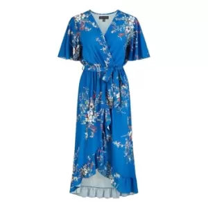 Image of Mela London Blue Floral Dip Hem Wrap Midi Dress - Blue
