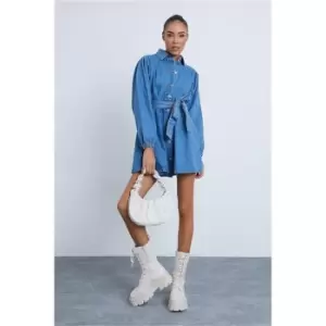 Image of I Saw It First Puff Sleeve Belted Shirt Dress - Blue