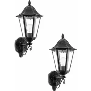 Image of 2 pack IP44 Outdoor Wall Light Black & Silver Patina Up Lantern 1x 60W E27