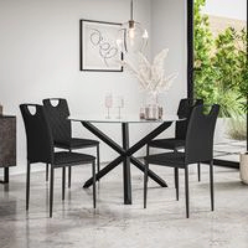 Image of More4Homes Malvern Round Dining Table And Chairs - Clear Glass Table Top W Solid Oak Black Legs + 4 Monza Faux Leather Dining Chairs (Black)