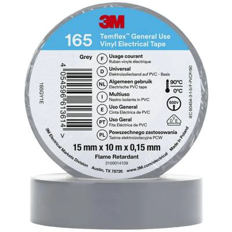 Image of 3M 3M Temflex 165 165GY1E Electrical tape Temflex 165 Grey (L x W) 10 m x 15mm 165GY1E