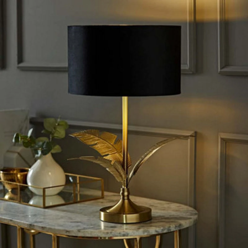 Image of ValueLights ValueLights Christina Velvet with Gold Metallic Inner Drum Shade Gold Palm Leaf Table Lamp in Black One Size Unisex 5059406065347