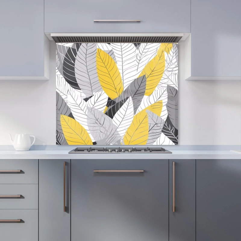 Image of Warren Reed - Designer Yellow Grey Feather Leaves Kitchen Splashback Size: 600mm x 600mm Yellow Unisex 600mm x 600mm