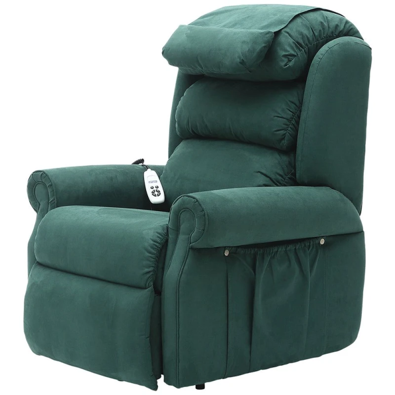 Image of Loops Dual Motor Rise and Recline Armchair - Waterfall Pillow - Green Suedette Fabric Green