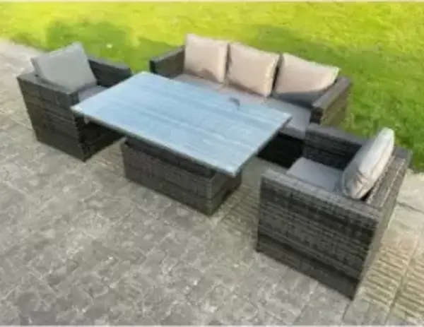 Image of Fimous 5 Seater Outdoor Dark Grey Rattan Lounge Complete Sofa Set with Rising Table