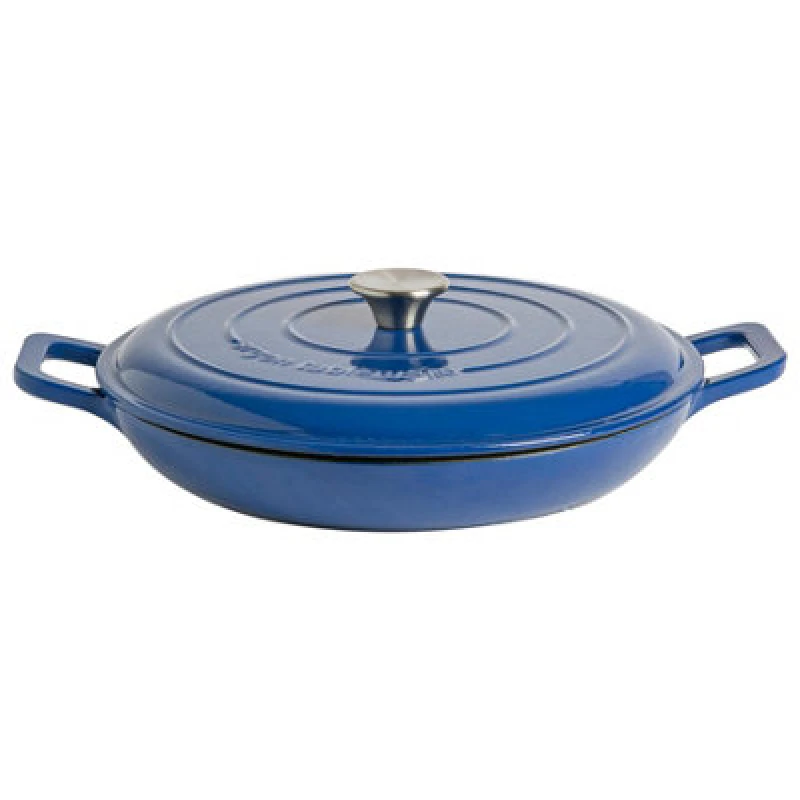 Image of Argon Tableware Shallow Cast Iron Casserole Dish - 2.3L Midnight Blue Enamel Finish, Oven Safe Dutch Oven Cookware With Lid