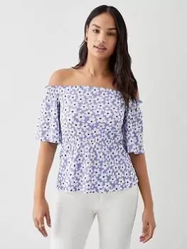 Image of Dorothy Perkins Shirred Waist Printed Bardot Top - Lilac, Purple, Size L, Women