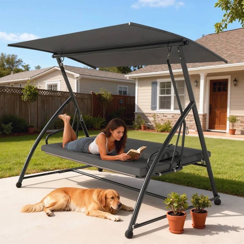 Image of Outsunny 2-in-1 Swing Chair 3 Seater Hammock Cushion Bed Tilt Canopy Grey 84A-062V02CG