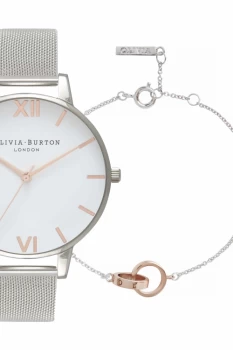 Image of Olivia Burton Watch with a White Dial with Rose Gold detailing & Silver Mesh strap with a Classic Chain Bracelet in Silver & Rose Gold OBGSET53