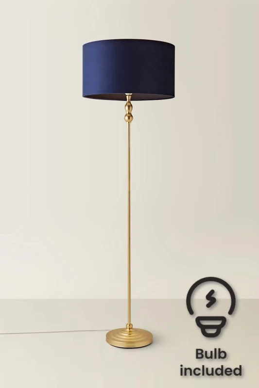 Image of ValueLights Maggie Gold Candlestick Floor Lamp with Velvet Lamp Shade and LED Bulb Navy