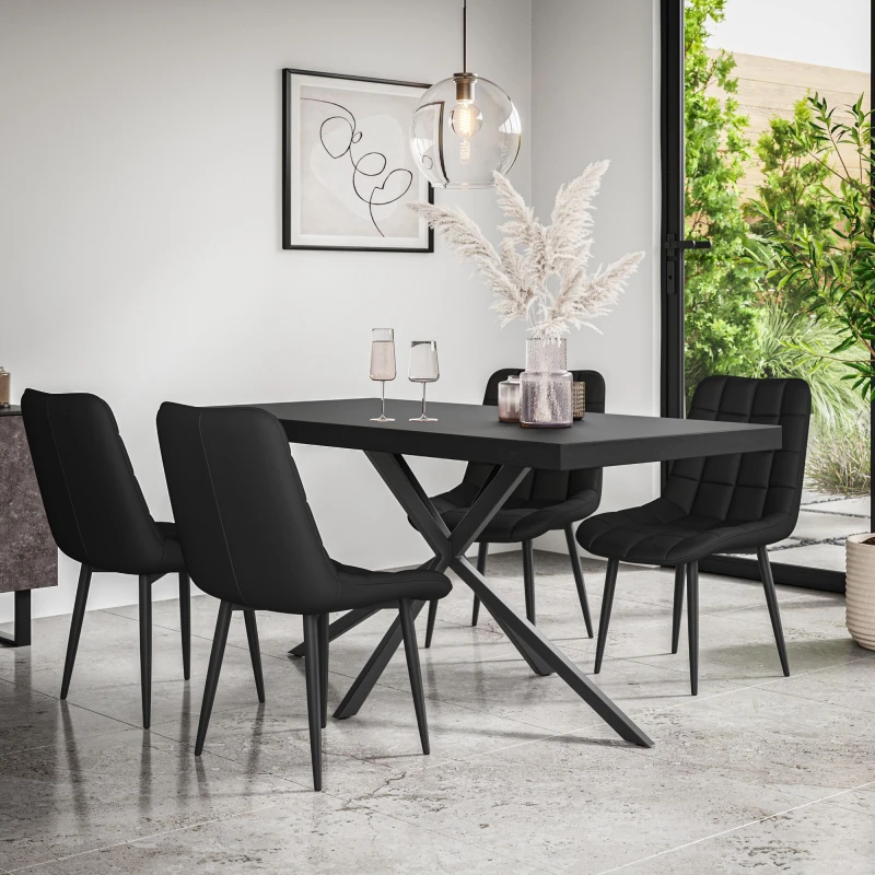 Image of More4Homes Donni Dining Table And Chairs - Black Table Top W Black Legs + Nova Faux Leather Dining Chair Set Of 4 (Black)