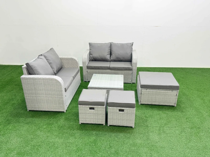 Image of Fimous 7 Seater Outdoor Love Sofa Set Rattan Garden Furniture Set with Square Coffee Table 3 Footstool Light Grey Light Grey