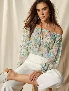 Image of Mint Velvet Gemma Floral Print Bardot Top, Green, Size S, Women