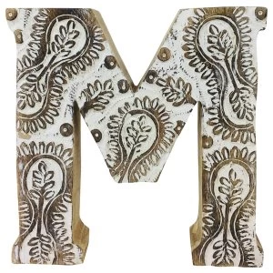Image of Letter M Hand Carved Wooden White Flower