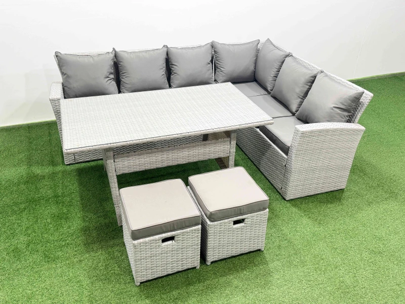 Image of Fimous Rattan Garden Furniture Set Outdoor 8 Seater Patio Dining Corner Sofa in Light Grey Light Grey Unisex