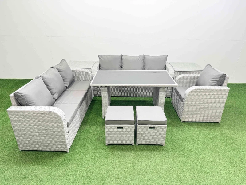 Image of Fimous 9-seater Patio Rectangular Table Sofa Set with 2 Side Tables 2 Stools in Light Grey Light Grey Unisex