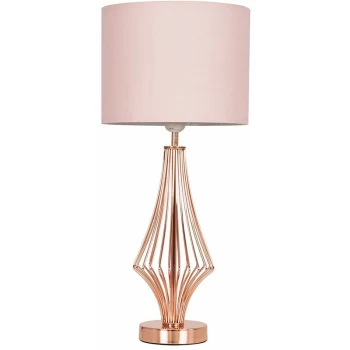 Image of Copper Metal Wire Geometric Diamond Table Lamp With Drum Shade - Pink