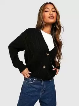 Image of Boohoo Cable Knit Crop Cardigan - Black, Size L, Women