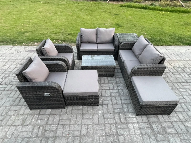 Image of Fimous 8 Seater Rattan Garden Furniture Set Patio Outdoor Lounge Sofa Set with Rectangular Coffee Table 2 Big Footstool Love Sofa Side Table Dark Grey